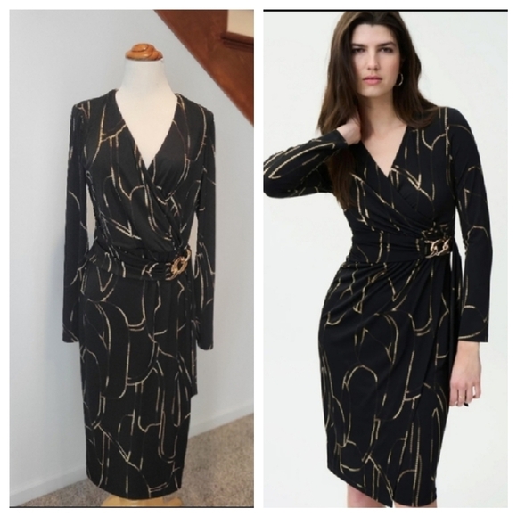 Joseph Ribkoff Black Gold Printed Faux Wrap Dress Size 10 - Picture 1 of 9